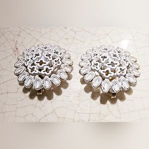 Vintage Monet white filigree mosaic clip on earrings, wedding, Christmas, summer